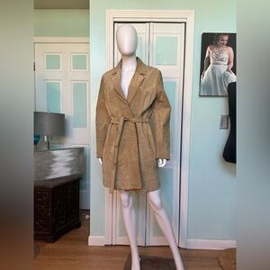 Wilson Leather Tan Patchwork Suede Belted Trench Size Large Camel